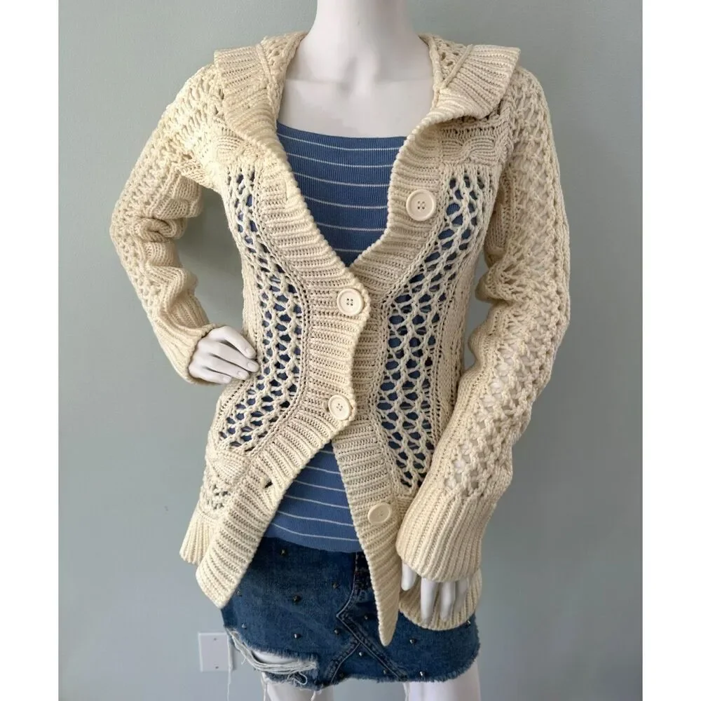 Vintage Cream Crochet Knit Cardigan Sweater Boho Chunky Button Front size Small